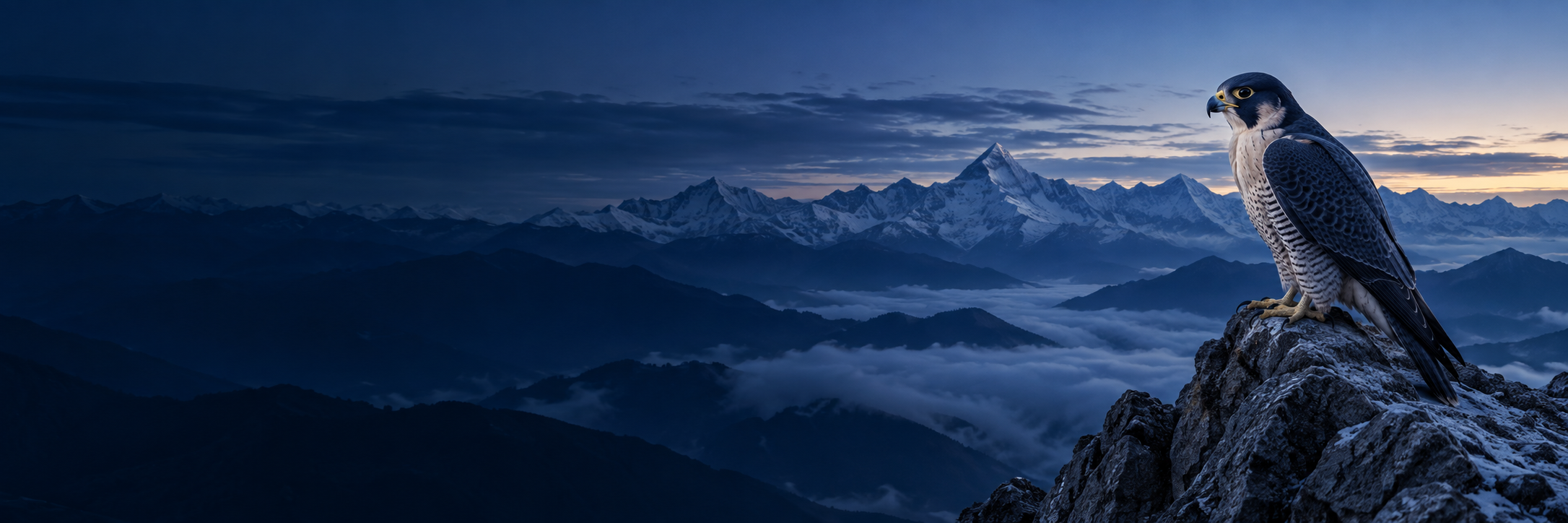 A falcon overlooking layered blue mountain ranges